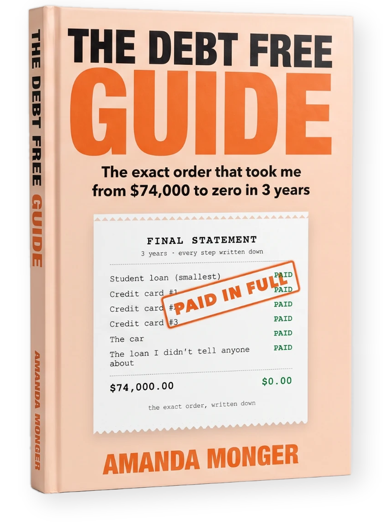 The Debt Free Guide by Amanda Monger, the book cover with a PAID IN FULL receipt
